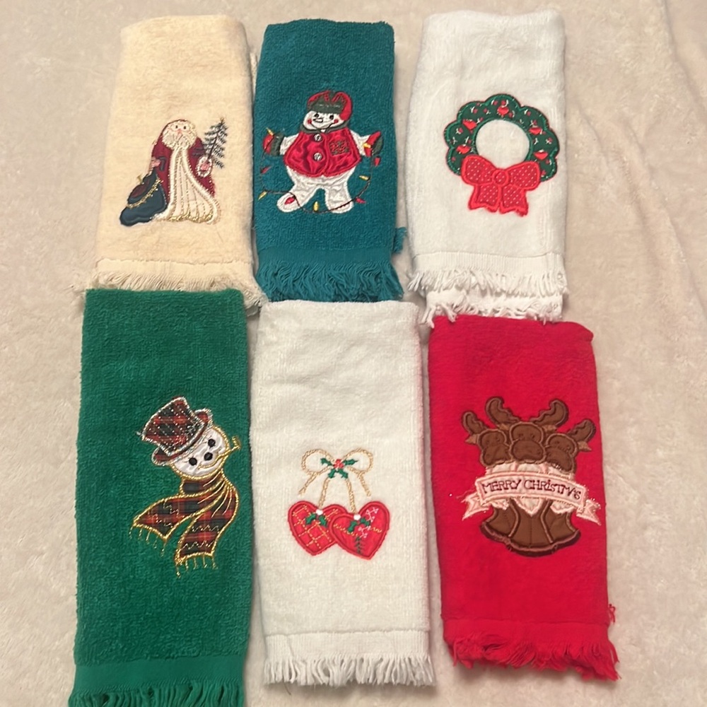 Christmas Holiday Bathroom Hand Towels -Tree Snowman, Santa, wreath, Reindeer.